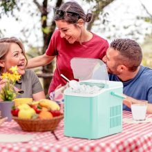 Ice Makers Countertop, Portable Ice Machine with Handle, 6 Mins 9 Bullet Cubes with Basket and Scoop, 26lbs in 24Hrs, Auto-Cleaning, for Home, Kitchen, RV, Camping, Green - view 5 of 5 | KMFURNILA