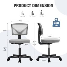 Office Computer Desk Mesh Chair, Ergonomic Small Low-Back Swivel Rolling Chairs with Wheels, Armless Comfy Seat Lumbar Support for Home, Small Spaces, Bedroom, Study, Student, Adults, Grey - view 3 of 5 | KMFURNILA