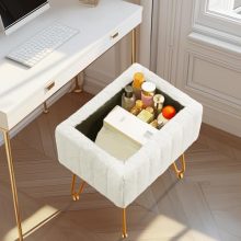 Vanity Stool Chair Faux Fur with Storage, Soft Ottomans 4 Metal Legs with Adjustable Anti-Slip Feet Thick Padded Seat Modern Multifunctional Bedroom Chairs for Makeup - view 2 of 5 | KMFURNILA