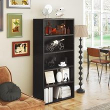 Black 5 Tier Bookshelf with Storage Wooden Bookcase Tall Book Shlef, Standing Bookcases Organizer Adjustable, Display Storage Shelves Sturdy for Bedroom Living Room Home Office, 53”H - view 5 of 5 | KMFURNILA