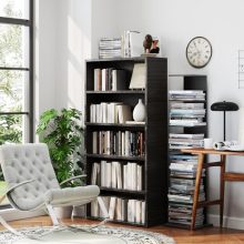 Black 5 Tier Bookshelf with Storage Wooden Bookcase Tall Book Shlef, Standing Bookcases Organizer Adjustable, Display Storage Shelves Sturdy for Bedroom Living Room Home Office, 53”H - view 4 of 5 | KMFURNILA