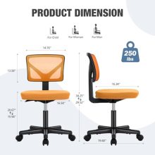 Office Computer Desk Mesh Chair, Ergonomic Small Low-Back Swivel Rolling Chairs with Wheels, Armless Comfy Seat Lumbar Support for Home, Small Spaces, Bedroom, Study, Student, Adults, Orange - view 3 of 5 | KMFURNILA