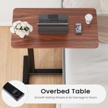Bedside Table with Wheels Hospital Over Bed Table Trays for Eating, Adjustable Height Rolling Desk Portable Mobile Laptop Desk for Home Medical Breakfast TV Counch with Metal Base, Brown - view 4 of 5 | KMFURNILA