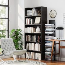 Black 6 Tier Bookshelf with Storage Wooden Bookcase Tall Book Shelf, Standing Bookcases Organizer Adjustable, Display Storage Shelves Sturdy for Bedroom Living Room Home Office, 63”H - view 2 of 5 | KMFURNILA