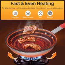 12 Inch Nonstick Frying Pan, Heavy-Gauge Aluminum Skillet with Ceramic Nonstick Coating & Stainless Steel Induction Base, Oven Safe, Red Hanging Handle - view 3 of 5 | KMFURNILA
