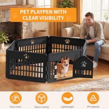 Dog Playpen 6 Panel, Puppy Playpen for Small Puppy, Small Dog Fence Indoor, Plastic Enclosure with Decorative Claw Print & Roof Style Gate, Secure Lock, Ideal for Cats, Rabbits, Black - view 2 of 5 | KMFURNILA