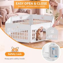 Dog Playpen 6 Panel, Puppy Playpen for Small Puppy, Small Dog Fence Indoor, Plastic Enclosure with Decorative Claw Print & Roof Style Gate, Secure Lock, Ideal for Cats, Rabbits, White - view 4 of 5 | KMFURNILA
