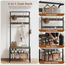 Hall Tree with Bench and Shoe Storage, 4-in-1 Entryway Organizer with 10 Hooks and Storage Shelf,Coat Rack Freestanding with 2-Tier Storage Shelf for Living Room, Bedroom Gray - view 4 of 5 | KMFURNILA