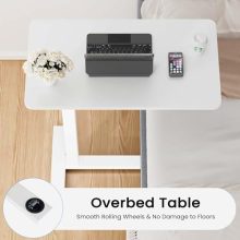 Bedside Table with Wheels Hospital Over Bed Table Trays for Eating, Adjustable Height Rolling Desk Portable Mobile Laptop Desk for Home Medical Breakfast TV Counch with Metal Base, Milky - view 4 of 5 | KMFURNILA