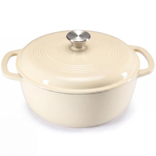 Enameled Cast Iron Dutch Oven 6 Quart with Lid, Beige | KMFURNILA