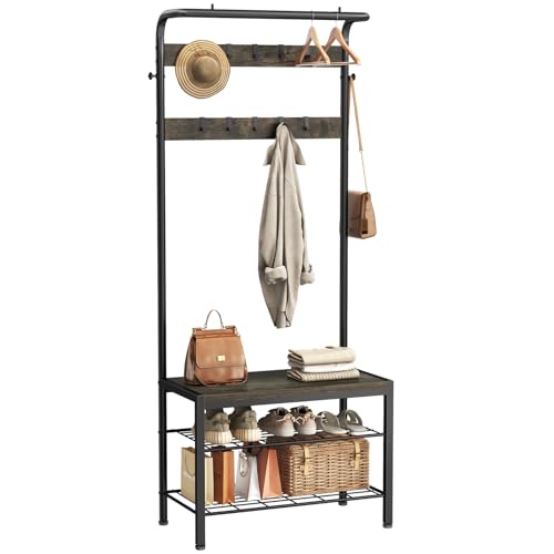 Hall Tree with Bench and Shoe Storage, 4-in-1 Entryway Organizer with 10 Hooks and Storage Shelf,Coat Rack Freestanding with 2-Tier Storage Shelf for Living Room, Bedroom Gray | KMFURNILA