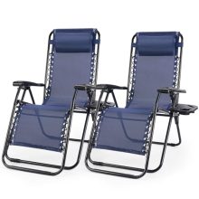 2PC Folding Chaise Lounge, Outdoor Sun Tanning Chairs with Pillow, Zero Gravity Chairs with Reclining Back Cup Holder, Steel Frame & Breathable Mesh for Beach, Yard, Patio, Poolside, Blue - view 1 of 5 | KMFURNILA