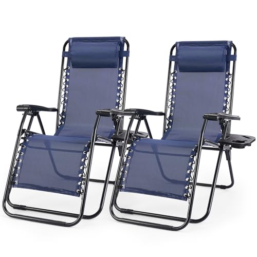 2PC Folding Chaise Lounge, Outdoor Sun Tanning Chairs with Pillow, Zero Gravity Chairs with Reclining Back Cup Holder, Steel Frame & Breathable Mesh for Beach, Yard, Patio, Poolside, Blue | KMFURNILA
