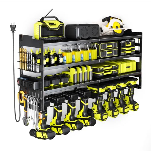 Power Tool Organizer with 4-Outlet Power Strip & Charging Station | KMFURNILA