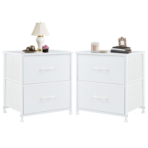 White Nightstands Set of 2 with Two Drawer Side Tables Living Room 2 Drawer Dresser Bedroom End Bedside Table Cabinet with Storage Night Stand, Wooden Top Metal Frame Handle, 20'' Tall | KMFURNILA