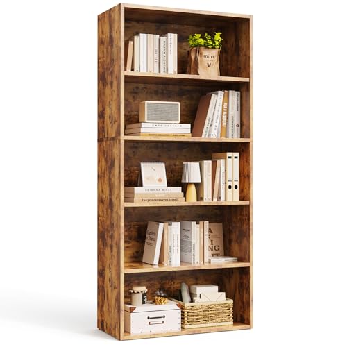 5 Tier Bookshelf with Storage Wooden Bookcase Tall Book Shelf, Standing Bookcases Organizer Adjustable Display Storage Shelves Sturdy for Bedroom Living Room Home Office 53''H Oak Brown | KMFURNILA