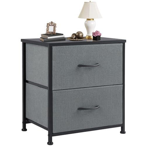 Grey Nightstand with Two Drawer Side Tables Living Room 2 Drawer Dresser Bedroom End Bedside Table Cabinet with Storage Night Stand, Wooden Top Metal Frame Handle, 20'' Tall | KMFURNILA