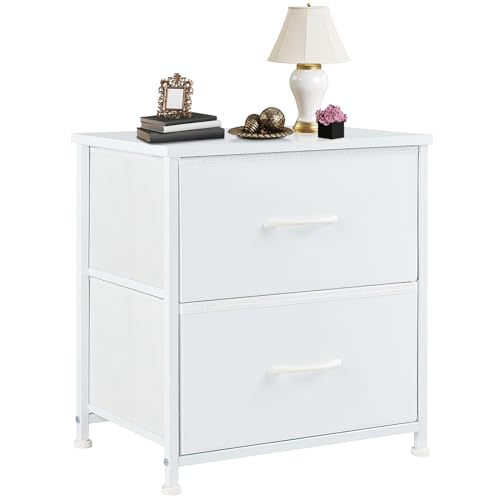 White Nightstand with Two Drawer Side Tables Living Room 2 Drawer Dresser Bedroom End Bedside Table Cabinet with Storage Night Stand, Wooden Top Metal Frame Handle, 20'' Tall | KMFURNILA