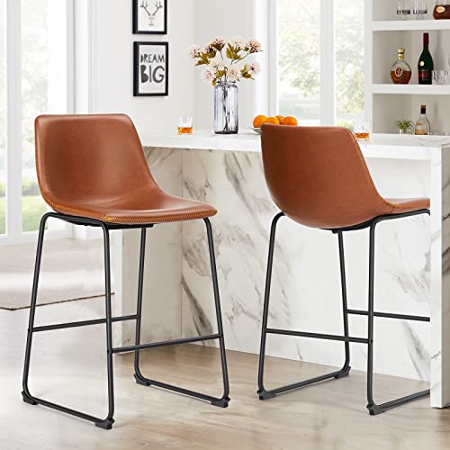 Modern 26-Inch Counter Height Bar Stool Set of 2, Faux Leather Upholstered Kitchen Island Chairs with Backrest and Sturdy Metal Frame, Coffee | KMFURNILA