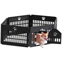 Dog Playpen 6 Panel, Puppy Playpen for Small Puppy, Small Dog Fence Indoor, Plastic Enclosure with Decorative Claw Print & Roof Style Gate, Secure Lock, Ideal for Cats, Rabbits, Black - view 1 of 5 | KMFURNILA