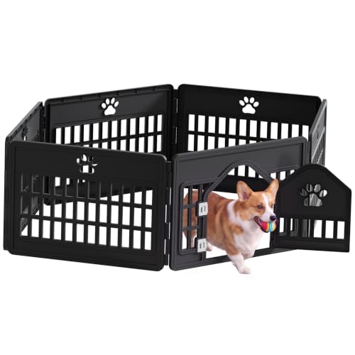 Dog Playpen 6 Panel, Puppy Playpen for Small Puppy, Small Dog Fence Indoor, Plastic Enclosure with Decorative Claw Print & Roof Style Gate, Secure Lock, Ideal for Cats, Rabbits, Black | KMFURNILA