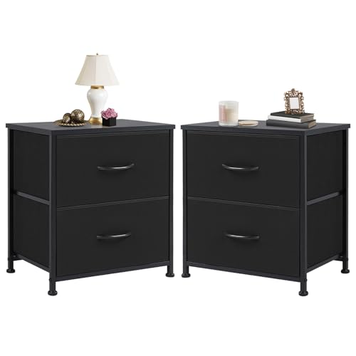 Black Nightstands Set of 2 with Two Drawer Side Tables Living Room 2 Drawer Dresser Bedroom End Bedside Table Cabinet with Storage Night Stand, Wooden Top Metal Frame Handle, 20'' Tall | KMFURNILA