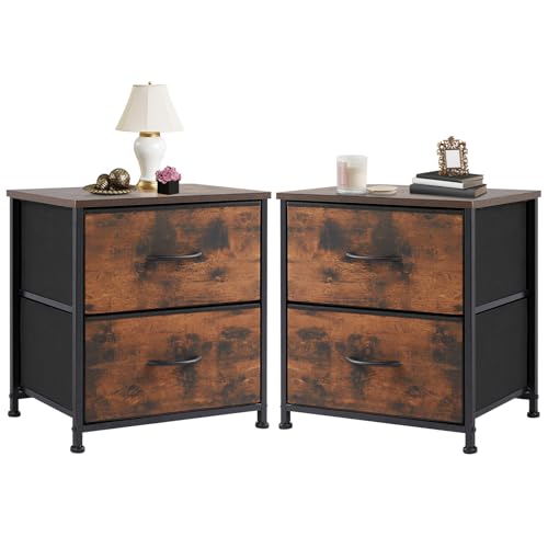 Rust Nightstands Set of 2 with Two Drawer Side Tables Living Room 2 Drawer Dresser Bedroom End Bedside Table Cabinet with Storage Night Stand, Wooden Top Metal Frame Handle, 20'' Tall | KMFURNILA