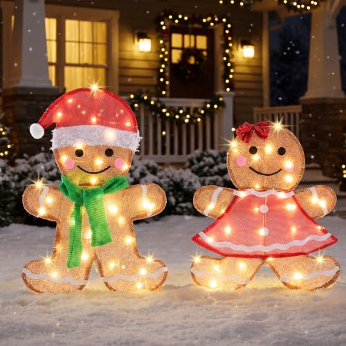 Gingerbread Man Christmas Outdoor Decor with LED Lights, Set of 2 | KMFURNILA