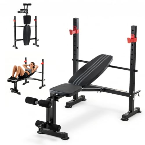 Adjustable Weight Bench, Foldable Bench Press Set with Leg Extension and Curl, 650 LBS Heavy Duty Full Body Strength Training Bench for Home Gym, Black & Red | KMFURNILA