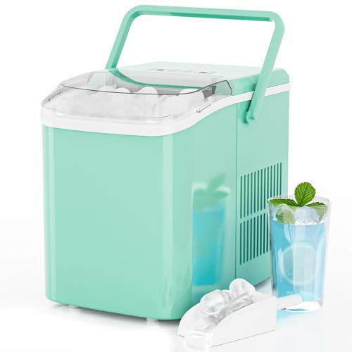 Ice Makers Countertop, Portable Ice Machine with Handle, 6 Mins 9 Bullet Cubes with Basket and Scoop, 26lbs in 24Hrs, Auto-Cleaning, for Home, Kitchen, RV, Camping, Green | KMFURNILA