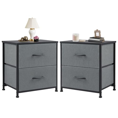 Grey Nightstands Set of 2 with Two Drawer Side Tables Living Room 2 Drawer Dresser Bedroom End Bedside Table Cabinet with Storage Night Stand, Wooden Top Metal Frame Handle, 20'' Tall | KMFURNILA