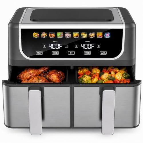 2 Baskets Air Fryer 9.5 QT, 10 in 1 Dual Air Fryers with Ceramic Crisper Plate, 80-450°F Wide Temp, Smart Cooking Mode with Match & Sync Cook, Shake Reminder, Roast, Defrost, Bake, Black | KMFURNILA