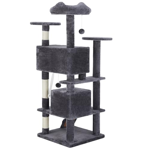 54 Inch Cat Tree Tower, Multi-Level Trees with Scratching Posts, Pet House with Round Platform, Toy Balls, Top Perch, Hammock Basket, Indoor Cat Condo for Cats of All Ages, Gray | KMFURNILA