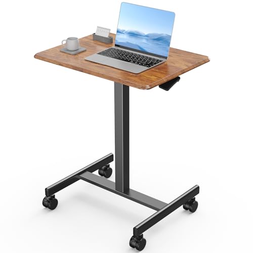 Rolling Laptop Stand Small Standing Desk with Wheels, Adjustable Height Rolling Table with Metal Base Lockable Catsers, Computer Rolling Table for Couch Home Office, 25.7'' × 19'' Brown | KMFURNILA