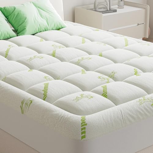 Mattress Topper, Mattress Pad Viscose Derived from Bamboo, Thick Pillow Top Mattress Pad with Stretchable Pockets, Soft Bed Topper for Back Pain Relief | KMFURNILA