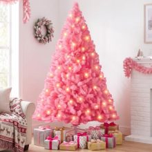 Pre-Lit Pink Artificial Christmas Tree with Warm White Lights - view 1 of 5 | KMFURNILA