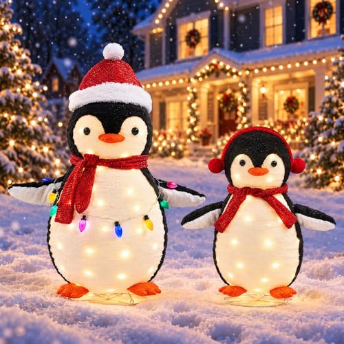 Christmas Penguin Decorations Outdoor, 2-Piece Lighted Pop Up Penguin Decor with Metal Base, Collapsible Christmas Yard Decorations for Lawn Front Porch, 150 LED Lights, Red | KMFURNILA