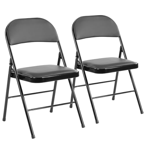 2 PCS Folding Chairs with Leather Padded Seats for Indoor and Outdoor Sturdy Foldable Chairs with Comfortable Cushion Rust-Resistant Metal Frame for Home Office Party Events Dark Black | KMFURNILA