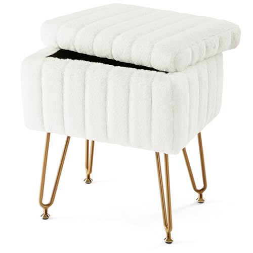 Vanity Stool Chair Faux Fur with Storage, Soft Ottomans 4 Metal Legs with Adjustable Anti-Slip Feet Thick Padded Seat Modern Multifunctional Bedroom Chairs for Makeup | KMFURNILA