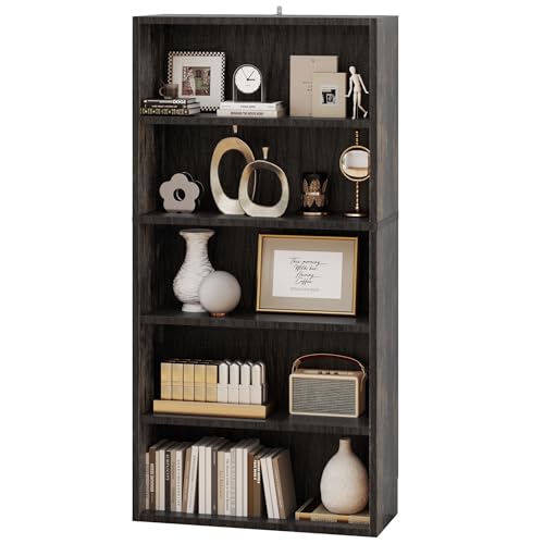 Black 5 Tier Bookshelf with Storage Wooden Bookcase Tall Book Shlef, Standing Bookcases Organizer Adjustable, Display Storage Shelves Sturdy for Bedroom Living Room Home Office, 53''H | KMFURNILA
