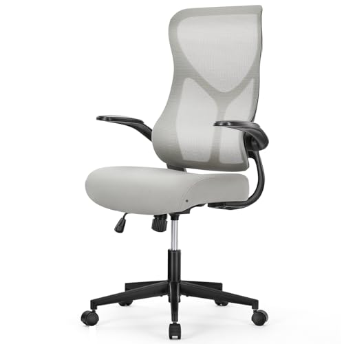 Ergonomic Office Desk Mesh Computer Chair High Back, Rolling Swivel Home Gaming Chairs with Wheels Comfy Lumbar Support, Flip-up Arms, 120° Tilt for Bedroom, Study, Work, Student, Grey | KMFURNILA