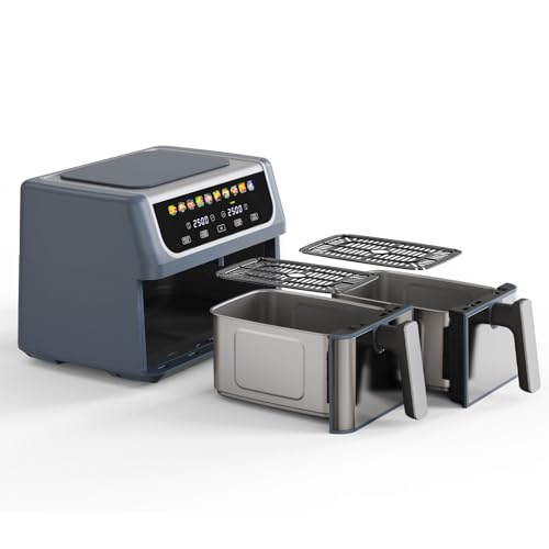 2 Baskets Air Fryer 9.5 QT, 10 in 1 Dual Air Fryers with Ceramic Crisper Plate, 80-450°F Wide Temp, Smart Cooking Mode with Match & Sync Cook, Shake Reminder, Roast, Defrost, Bake, Grey | KMFURNILA