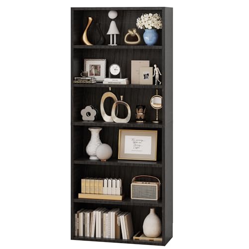 Black 6 Tier Bookshelf with Storage Wooden Bookcase Tall Book Shelf, Standing Bookcases Organizer Adjustable, Display Storage Shelves Sturdy for Bedroom Living Room Home Office, 63''H | KMFURNILA