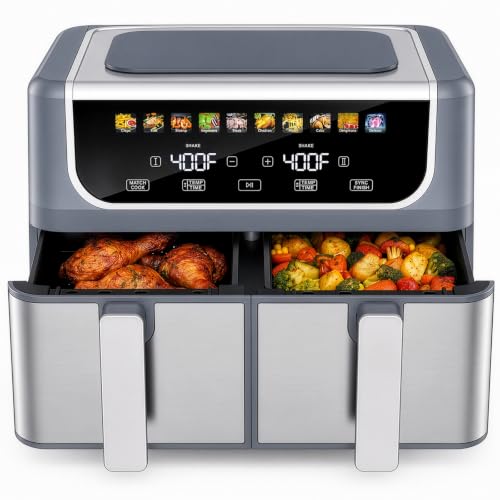 2 Baskets Air Fryer 9.5 QT, 10 in 1 Dual Air Fryers with Ceramic Crisper Plate, 80-450°F Wide Temp, Smart Cooking Mode with Match & Sync Cook, Shake Reminder, Roast, Defrost, Bake, Grey | KMFURNILA