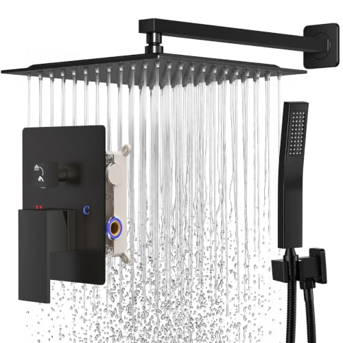 12 Inch Rainfall Shower System with Handheld Spray Matte Black | KMFURNILA